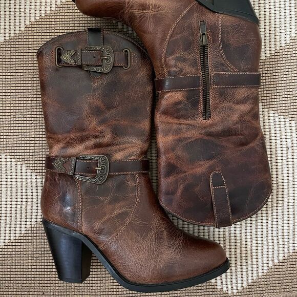 Dingo brown heeled buckle strap cowboy boots - Picture 2 of 7